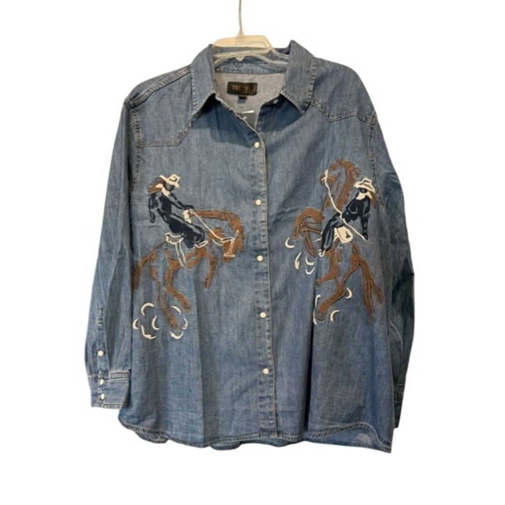 Truth by Republic Womens 3X Denim Shirt Embroidered Horse Western Cowgirl NWT